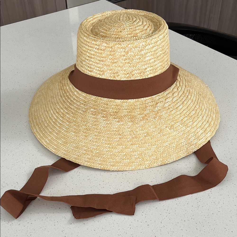 Elegant Tan Sun Hat with Brown Ribbon